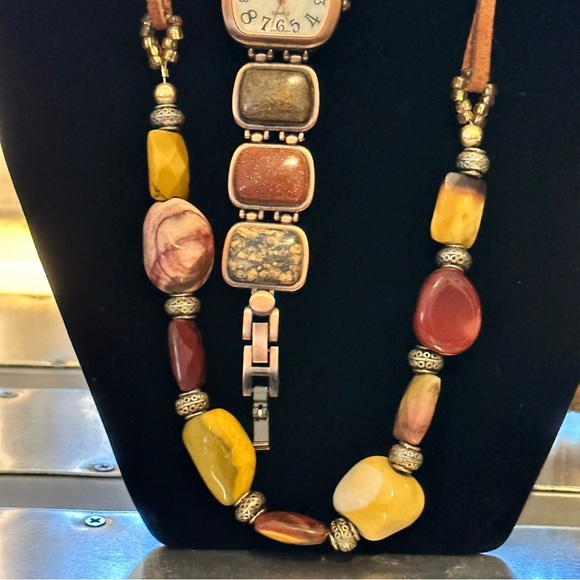 ladies Versales watch & necklace antique, natural polished rocks inlay in copper - Picture 5 of 14